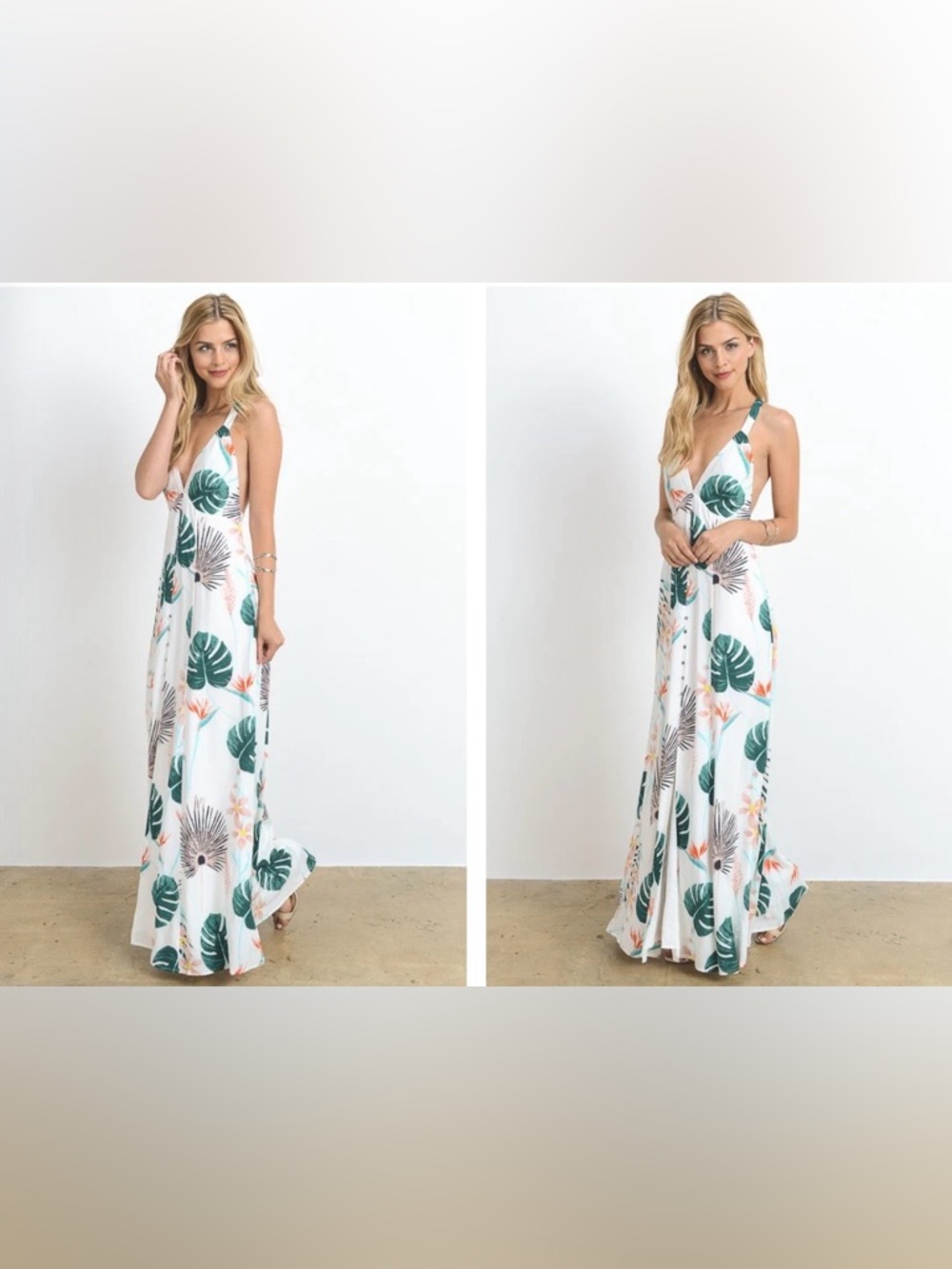 HOMMAGE Los Angeles Tropical Print Flowy Maxi Dress Open Back, Slit Front, M/L - Picture 2 of 9